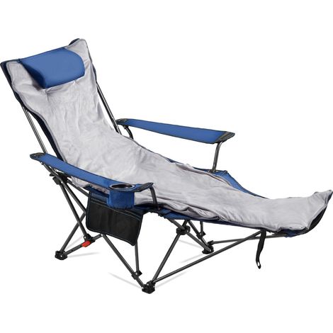 Chaise de Camping Pliante, 4 Positions Réglables, Chaise Longue Inclinable Portable pour Adultes, avec Repose-pieds, Coussin Moelleux, Charge 100 kg, Tissu en Maille, pour Plage, Terrasse, Bleu (1/5)
