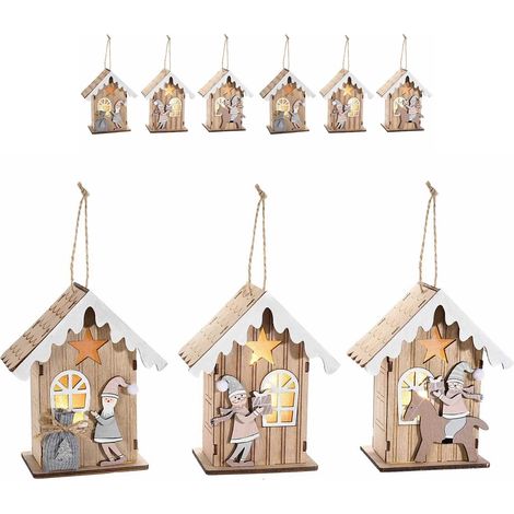 Set 6 Decorazioni Natalizie da Appendere a Forma di Casette con Luci (1/4)