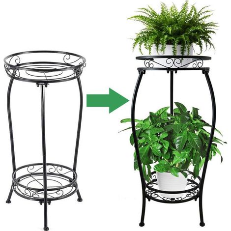 Porte plantes métal - Structure stable 3 pieds Double étage - Intérieur et extérieur - Noir (1/5)