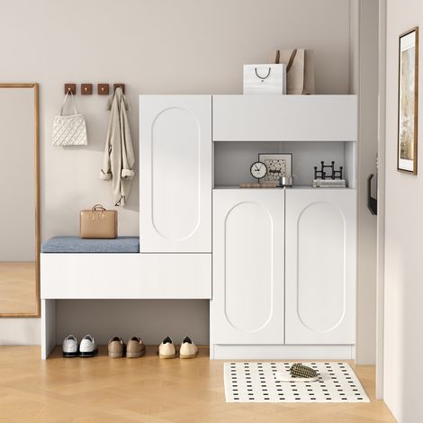 Chaussevier 2-en-1 tendance, portes bombées, fermeture amortie, étagères réglables, banc rembourré, blanc, 130×35×110cm (1/5)