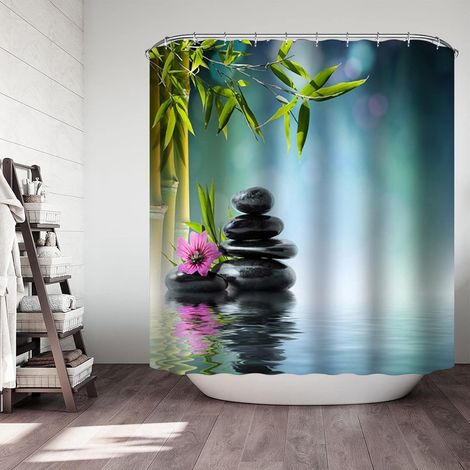Rideau de Douche Lavable en Machine, Bleu, Polyester, Anti-Moisissure, Bambou, Tissu, 90x180 cm (1/5)