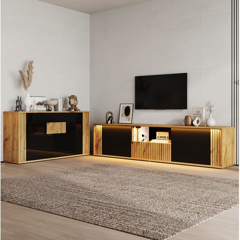 REDOM set de muebles de salón, mueble TV (180x40x51 cm) y aparador (140x35x71 cm), LED Bluetooth, MDF negro y natural (1/5)