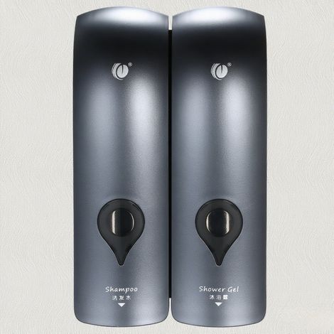 Distributeur de savon manuel double tête 300 ml x 2, sans perçage, pour salle de bain, gel douche et shampoing liquide - Gris (1/5)