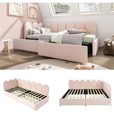 Lit capitonné, lit simple avec tiroirs, lit coffre, méridienne en velours, lit de jour, canapé-lit 90x190cm avec sommier à lattes, lit enfant et adulte, rose (sans matelas)