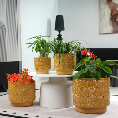 Pot de fleurs en céramique Ø38 cm jaune brillant avec relief HAVRYA (1/5)