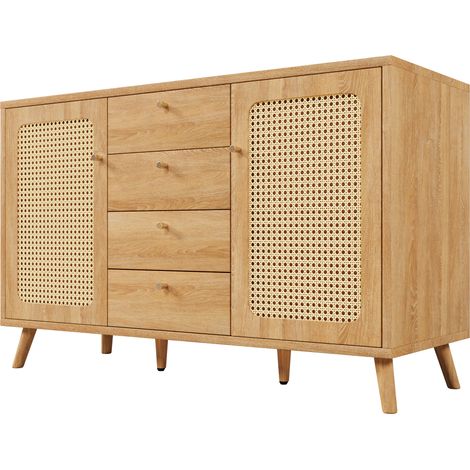 ELVMI Buffet et Enfilade avec 4 Tiroirs et 2 Portes, Étagères Réglables, pour Salon Entrée en Bois 140 × 40 × 86 cm Chêne Clair (1/5)