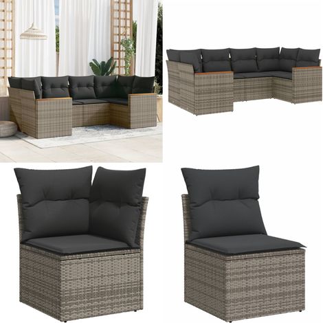 Salon de jardin 6 pcs avec coussins gris résine tressée - Ensemble Salon De Jardin - Mobilier De Jardin - Salon Extérieur - Résine Tressée - Fauteuil De Jardin - Home & Living (1/5)