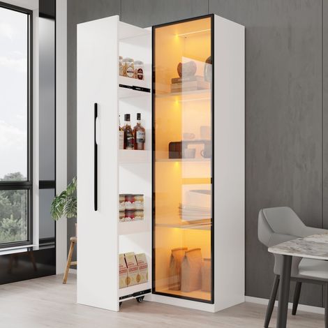 Vetrina 70x40x160 cm - Mobile multifunzionale 2 in 1 con libreria scorrevole e vetrina a LED - Bianco (1/5)