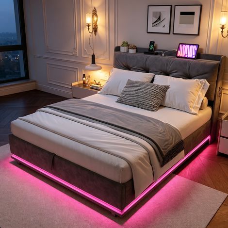 Lit rembourré avec coffre de rangement 160 x 200 cm – Bande LED sous le lit – Velours – Sommier à lattes – Convient aux adultes et aux adolescents – Gris (1/5)