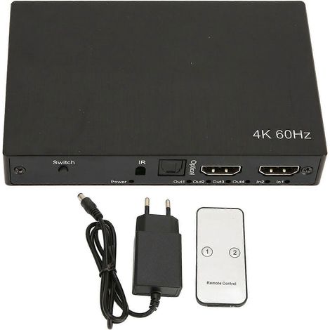 Commutateur/distributeur d'interface multimédia haute définition 4K, 2 entrées, 4 sorties, avec télécommande matrice de distribution/commutateur 4x2 avec interfaces audio SPDIF et 3,5 mm (1/5)