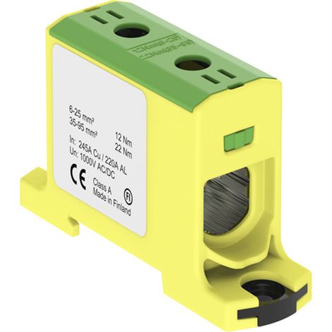 Connecteur alu cuivre vert jaune pour câble de section 6 à 95mm² - 1000V AC/DC - Fixation rail DIN (1/2)