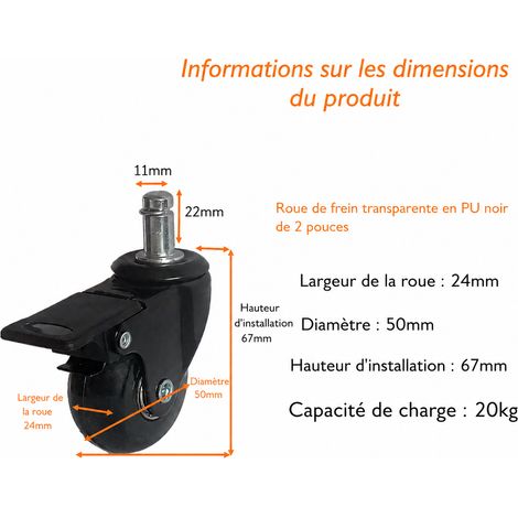 Roulette pivotante 2 pouces 50 mm à tige 11x22 mm avec frein PU noir 20 kg 2 noir 20kg 50mm 193 g – Livraison gratuite