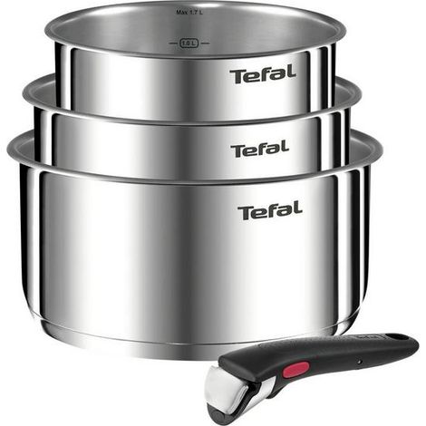 Tefal – Batterie de cuisine 4 pièces en acier inoxydable – Poignées amovibles pour gain de place – Compatible tous feux et four – Antiadhésif (1/5)