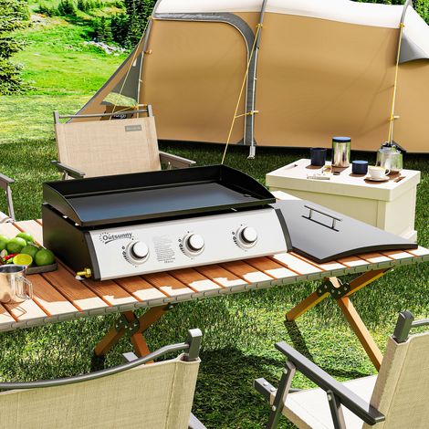 Plancha de gas de 3 quemadores, 7,5 kW, superficie de cocción de 61 x 35,5 cm con tapa, gas licuado/propano, 63 x 47 x 25 cm, negra