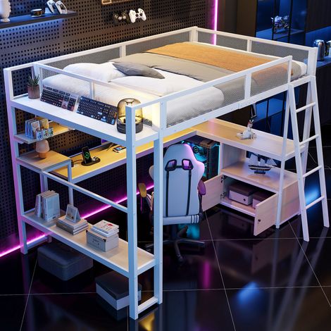 Letto a soppalco 140x200 cm bianco in MDF e metallo con scrivania, LED e ripiani (1/5)