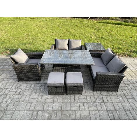 Fimous 7pcs Rattan Outdoor Garden Furniture Set Height Adjustable Rising Lifting Table Sofa Dining Set with Side Table 2 Small Footstools Dark Grey Mixed (1/5)