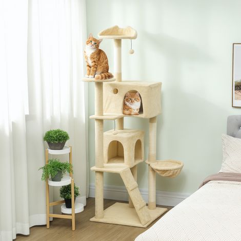 Arbre à grattage 180 cm beige pour chat avec plateformes, lit 2 grottes, hamac, échelle, poteaux en sisal (1/4)