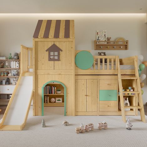 Lit cabane surélevé 90x200 cm avec toboggan, lit mezzanine avce escalier de rangement, armoire et tiroir, pin, style scandinave - Naturel (1/5)