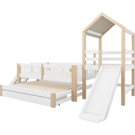 Kinder-Hausbett 90 x 200 mit Ausziehbett, Rutsche, Treppe und Schubladen, weiß/natur (1/5)