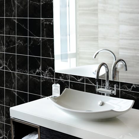 Sticker Mural Carrelage adhésif Cuisine Salle de Bain - 24 STICKERS CARREAUX DE CIMENT MARBRE NOIR DE RIO - 24stickers10x10cm (1/5)