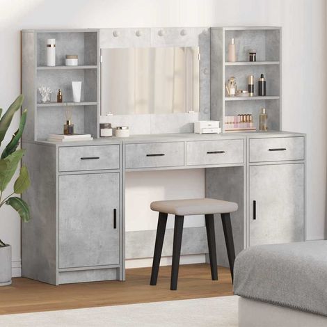 Schminktischset mit LED mit Tür 3 pcs Beton Grau Holzwerkstoff