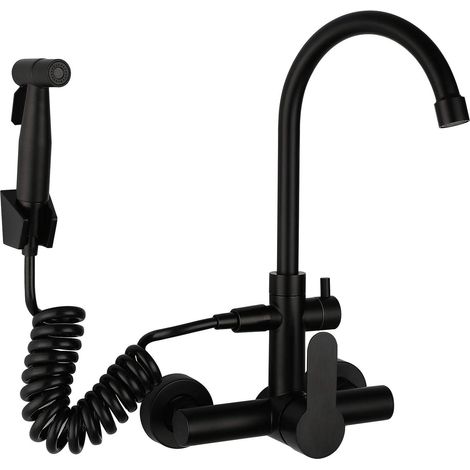 Rubinetto da cucina nero con doccetta estraibile e due tipi di getto. Miscelatore a incasso a parete. Miscelatore monocomando in acciaio inox 304 con bocca girevole a 360°. (1/5)