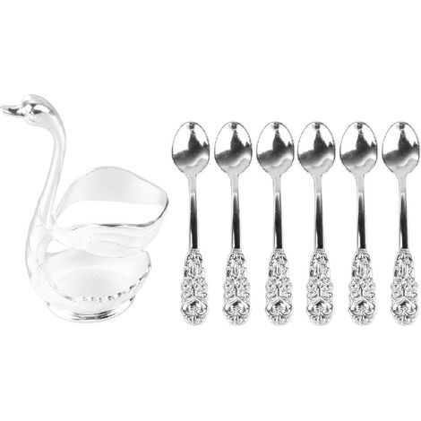 Eleganter, schwanenförmiger Kaffeelöffelhalter, spiegelpolierter Rührlöffelständer aus Aluminiumlegierung, ideal für Cafés, Büros oder Partys, silberfarben. (1/5)