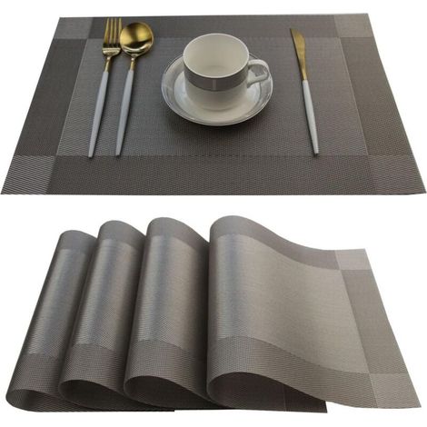 Sets de table Sets de table en plastique faciles à nettoyer Table de salle à manger de cuisine lavable Sets de table en vinyle tissé résistant à la chaleur 12x18 pouces Lot de 4 (Gris) (1/5)