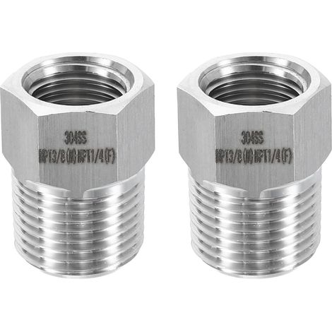 2Pcs 304 Inox Acier Réducteur Douille 3/8" NPT Mâle x 1/4" NPT Femelle Hex Douilles Tuyau Raccords Réduction Coulée Tuyau Adaptateur pour Air Eau Huile Gaz Tube (1/5)