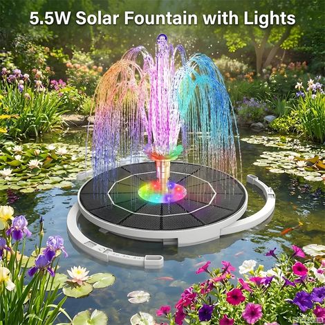 Pompe de fontaine solaire 5,5 W avec lumières LED colorées et batterie 3000 mAh, 8 buses de bricolage pour l'extérieur, le jardin, l'étang, le bain d'oiseaux, la piscine (1/5)