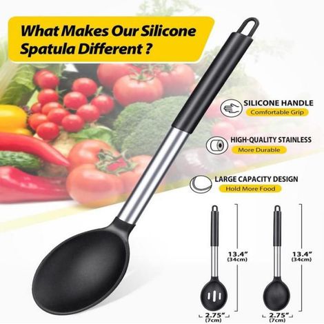(NOIR) Lot de 2 grandes cuillères à soupe en silicone, louches solides antiadhésives, ustensiles de cuisine résistants à la chaleur (1/5)