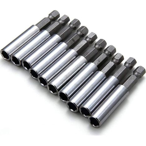 Jeu de 10 embouts magnétiques hexagonaux 1/4" avec rallonge pour changement rapide et usage à chocs, adapté aux boulons et écrous (1/5)