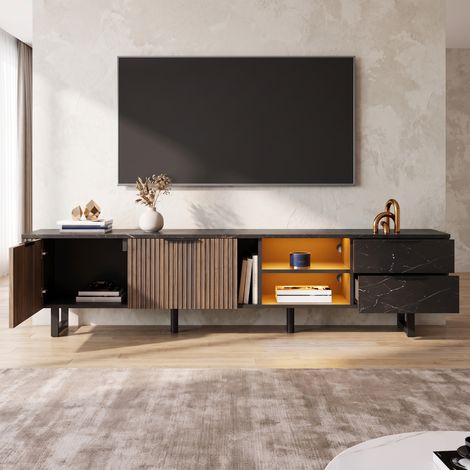 Meuble TV Banc TV 200cm avec LED Contrôle par App 2 Portes 2 Tiroirs Style Moderne Noir Effet Marbre et Bois (1/5)
