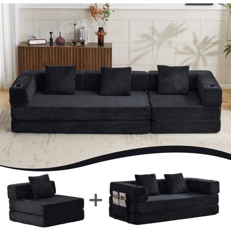 Canapé de sol convertible, canapé-lit de sol avec coussins de soutien lombaire et accoudoirs, lit confortable avec porte-gobelet et poche latérale, tissu velours côtelé, pour salon et chambre, noir (1/4)