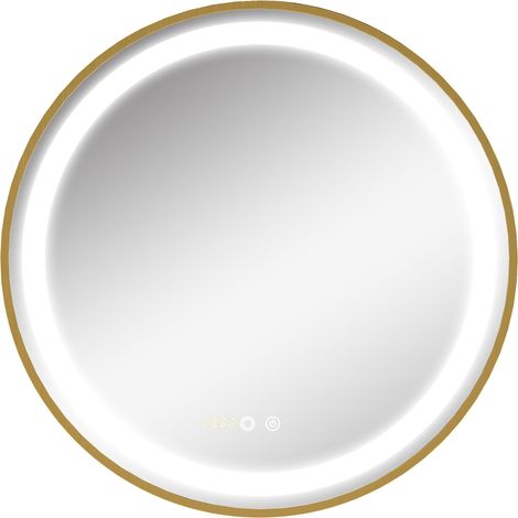 Miroir de salle de bain avec éclairage LED tactile, fonction mémoire, luminosité et couleur réglables, et horloge, Ø60 x 4 cm, doré (1/5)