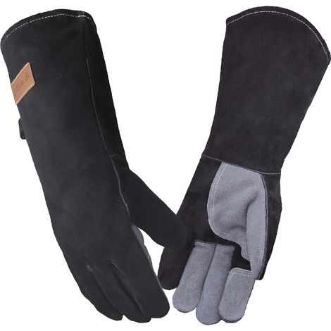40 CM, Gants Anti Chaleur de Barbecue En Cuir,Noir-Gris,L (1/5)