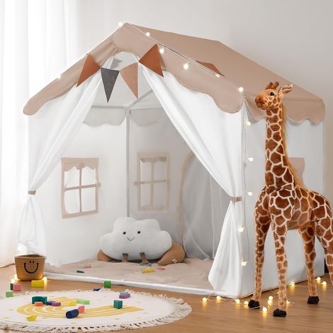 Tente Enfant 2 en1, Cabane Enfant Intérieure avec Tapis Rembourré, Lumières et Drapeaux, Tente de Jeu pour Enfants Princesse, Idéal pour la Décoration de Chambre d'enfants et Fête (Brun Clair) (1/5)