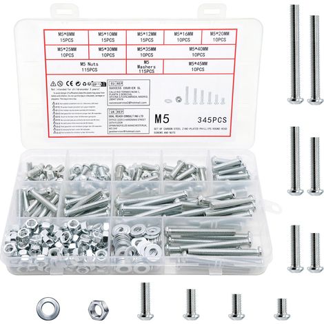 345 Pièces M5 Vis Boulons et Écrous et Rondelles Assortiment Kit, Boulons Vis à Tête Cylindrique, Vis à Métaux Cruciforme Galvanisées (argent 345 M5) (1/5)