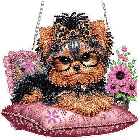 Pendentif Diamond Painting Yorkshire Terrier avec chaîne, kit de bricolage pour fenêtre pour adultes