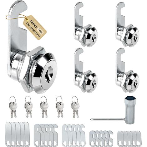 Lot de 5 serrures de boîte aux lettres - 16 mm - Serrure à cylindre - Serrure d'armoire avec 5 plaques de serrure différentes et 10 clés universelles - Serrure à came, serrure de meuble (1/5)