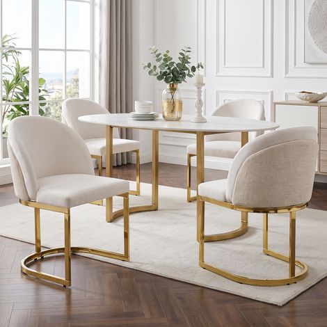 4 moderne Esszimmerstühle in Beige und Gold, Chenillebezug, verzinkte Metallbeine (1/5)