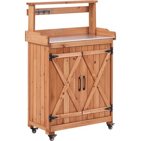 Mesa de jardinería con almacenaje 74 x 40 x 119 cm encimera de hierro mobiliario de jardín con ruedas madera de abeto marrón Altolia (1/5)
