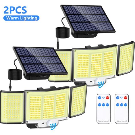 Lot de 2 Lampes Solaires Extérieures 348 LED à 3 Têtes, Applique Murale Solaire avec Panneau Séparé, Détecteur de Mouvement PIR, Télécommande, Lumière Chaude, Éclairage pour Jardin, Terrasse, Garage, (1/4)