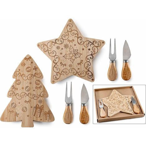 Set formaggio con tagliere / set aperitivo in legno a forma di albero e stella con decori natalizi incisi, set da 4 pezzi, Pino: cm 16 x 21,5 H