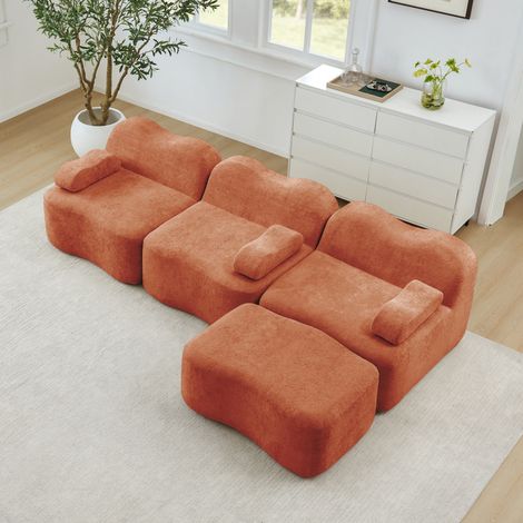 Divano modulare angolare 3 posti L con ottomana in velluto arancione 32D (1/5)