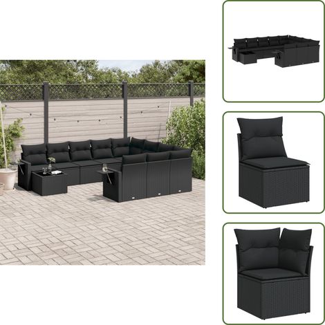 The Living Store Set de sofás de jardín 11 pzas y cojines ratán sintético negro - Cojines de jardín