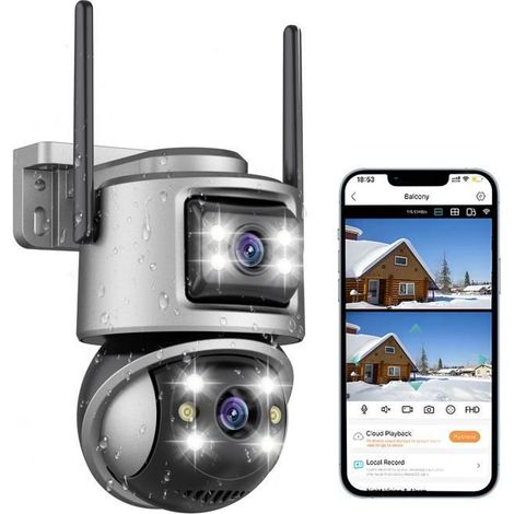 1 Caméra de Surveillance Double Objectif 6MP 4K UHD Zoom 5x Vision Nocturne Détection Humaine Audio Bidirectionnel WiFi Bluetooth IP66 Extérieur