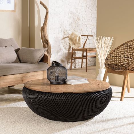 SIXTINE - Table basse ronde diam100 rotin noir plateau bois teck recyclé (1/5)