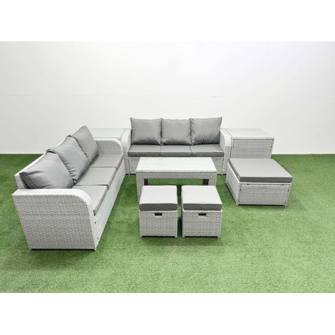 Fimous Outdoor Garden Furniture Sets 9 Seater Wicker Rattan Furniture Sofa Sets with Oblong Coffee Table high Back Lounge Sofa 3 Stools 2 Side Table Light Grey (1/4)
