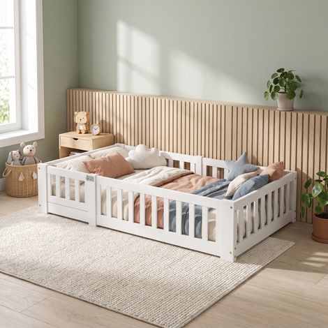 Lit simple 90x190 cm - Lit Bébé avec Barrière de Sécurité et Sommier à Lattes - Bois Massif de Pin - Blanc (1/5)